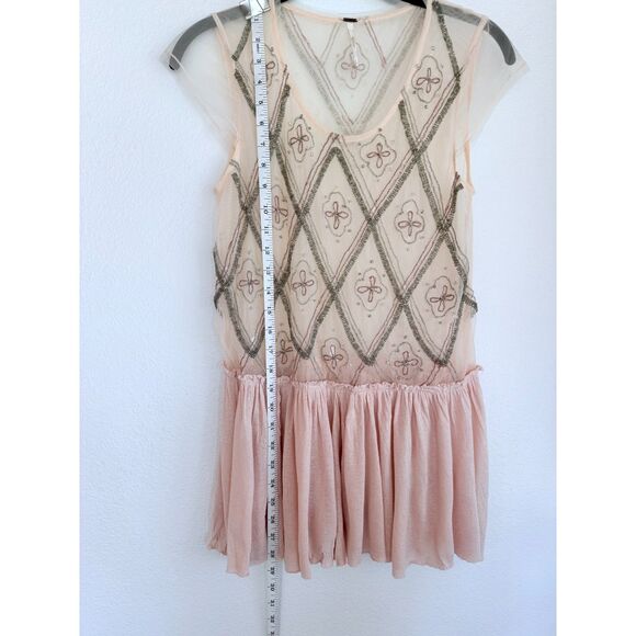Free People Holiday to India Cap Sleeve Beaded Peplum Semi Sheer Top in Pink S - Picture 12 of 14
